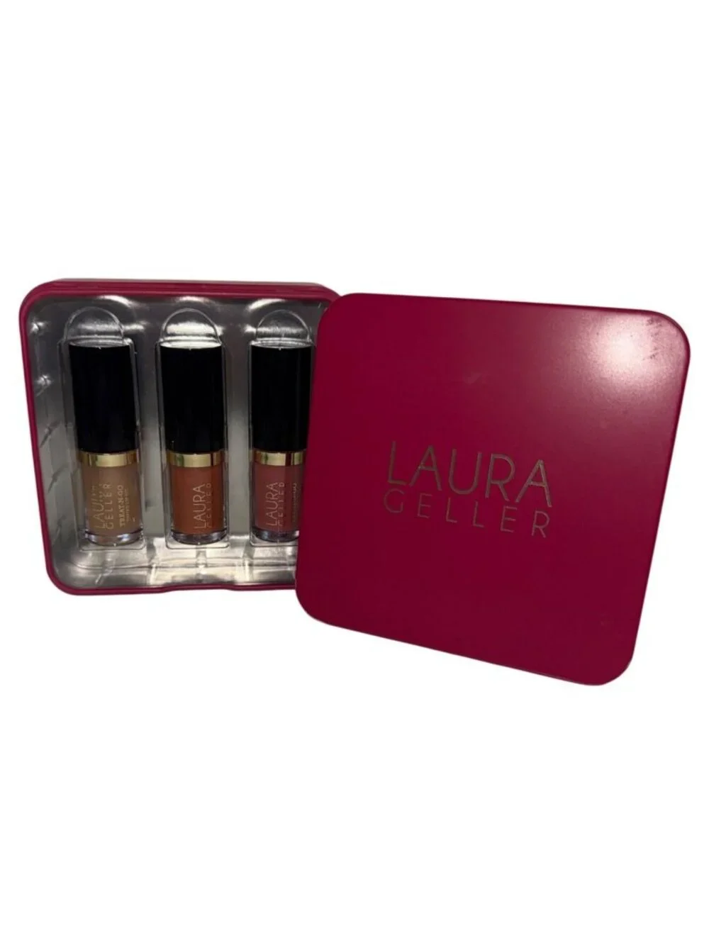 Laura Geller Lip Gloss Set Fast Track Photo Finish Home Stretch 3 Pc Gift Tin